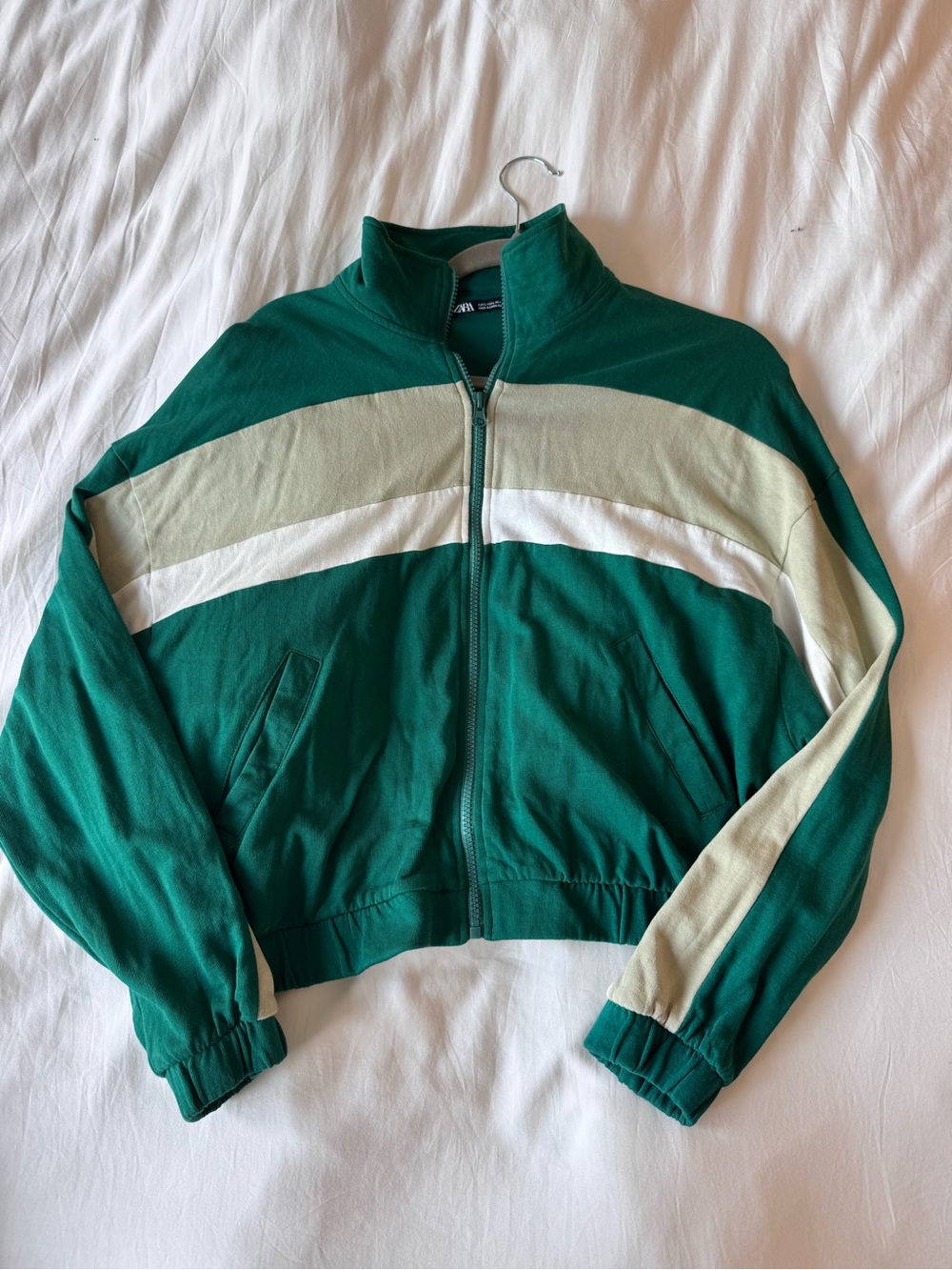Zara Emerald Green Colorblock Track Jacket with Cream & White Stripes